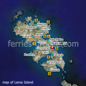 Mapa de Leros en Dodecaneso, Islas Griegas, Grecia