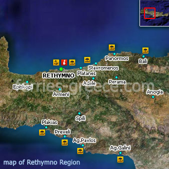 Mapa de Rethimno en la isla de Creta, Islas Griegas, Grecia